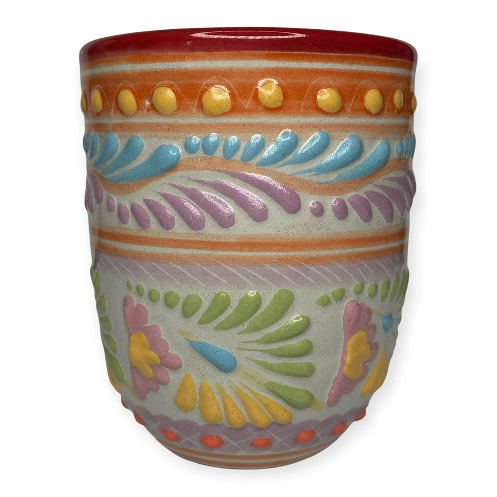 Colorful Televera Salazar Pue Mexico Ceramic Art Tumbler Cup 4.25” x 3.5”